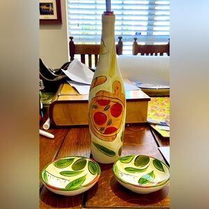 Pampered Chef Ceramic Olive Oil Bottle and Dish Set-Red, Green, Cream. Spout